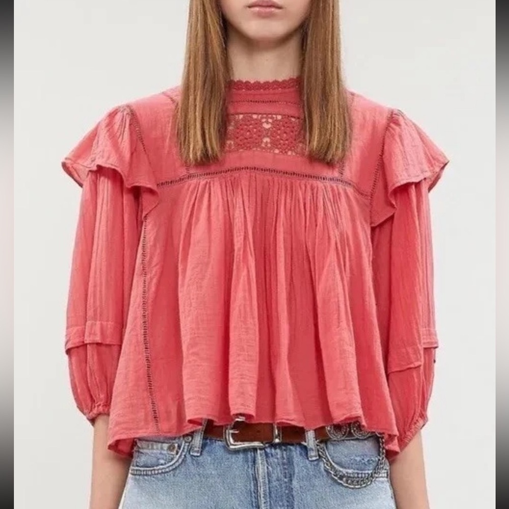 Free People Laura Western Ruffled Coral Top Boho Festival Lace Blouse XS